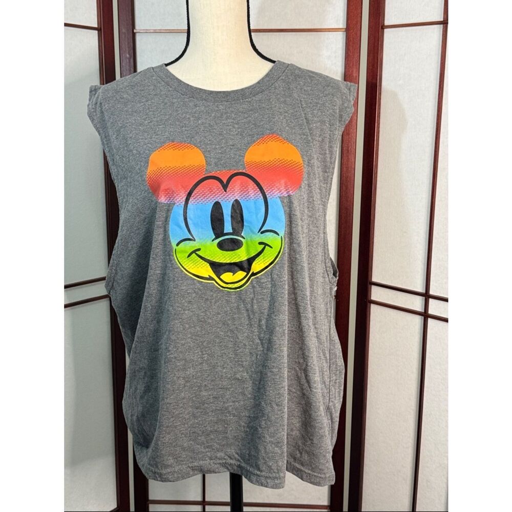 Disney Gray Muscle Tee with Neon Rainbow Mickey Face